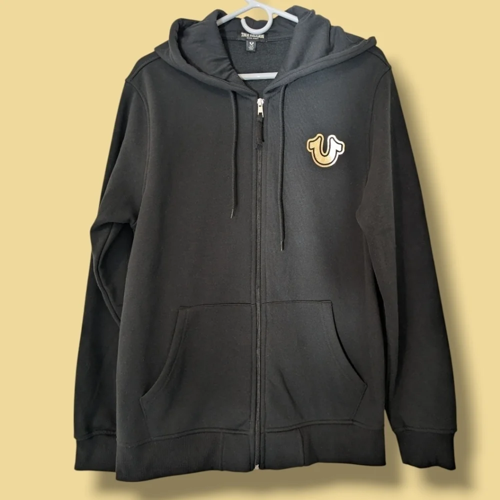True Religion Black Buddha Foil Graphic Full Zip Fleece Drawstring Hoodie LG
